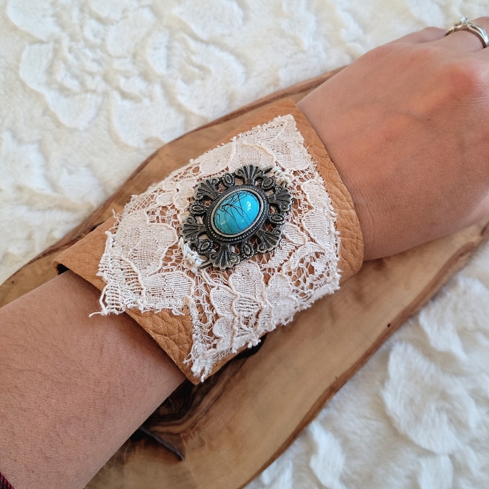 OOAK Leather & Lace Cuff Bracelet